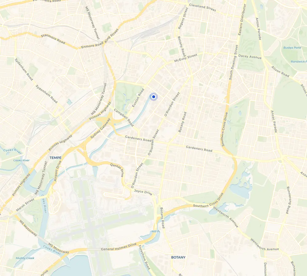 Map of the Alexandria service area and the surrounding Inner Sydney, showing Alexandria and the nearby streets we cover.
