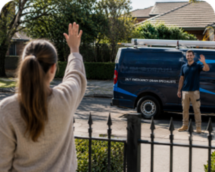 Customer waving goodbye to a Alexandria Blocked Drains plumber